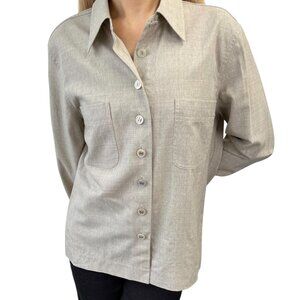 CHANEL Vintage CC Logo Button Up Shirt Blouse Top # Beige Front Pocket [105692]